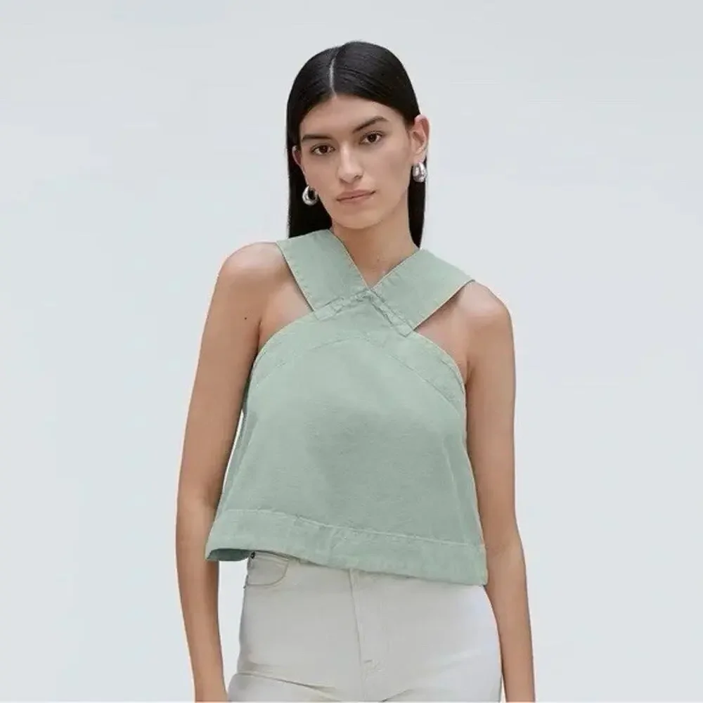Everlane Cross WideStrap Crop Tank Top XXS Green Organic Cotton Canvas Citycore - Picture 1 of 7